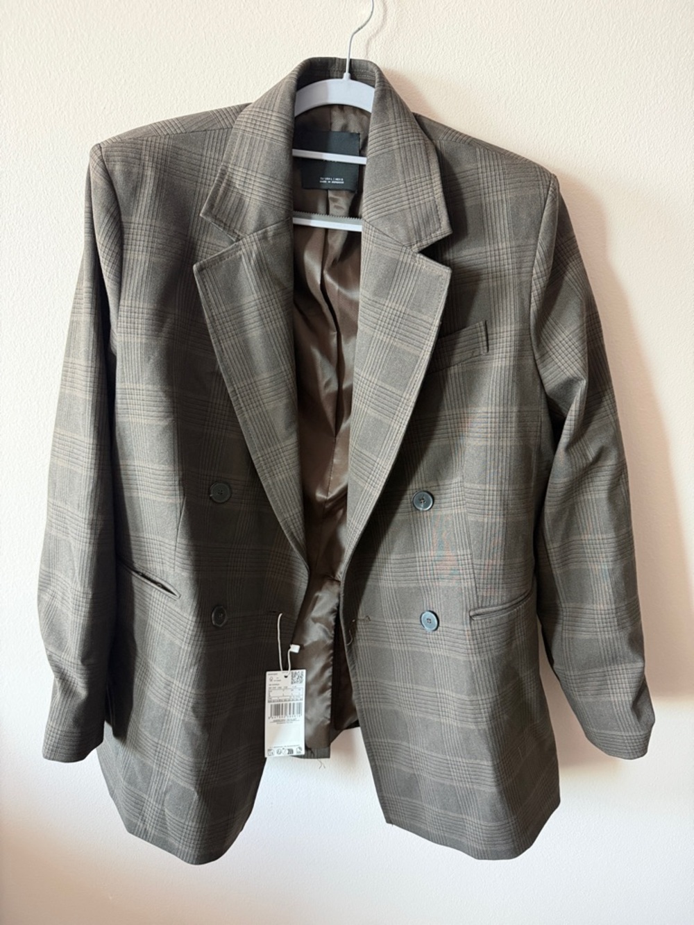 Mango Double-Breasted Plaid Blazer - Brown/Gray